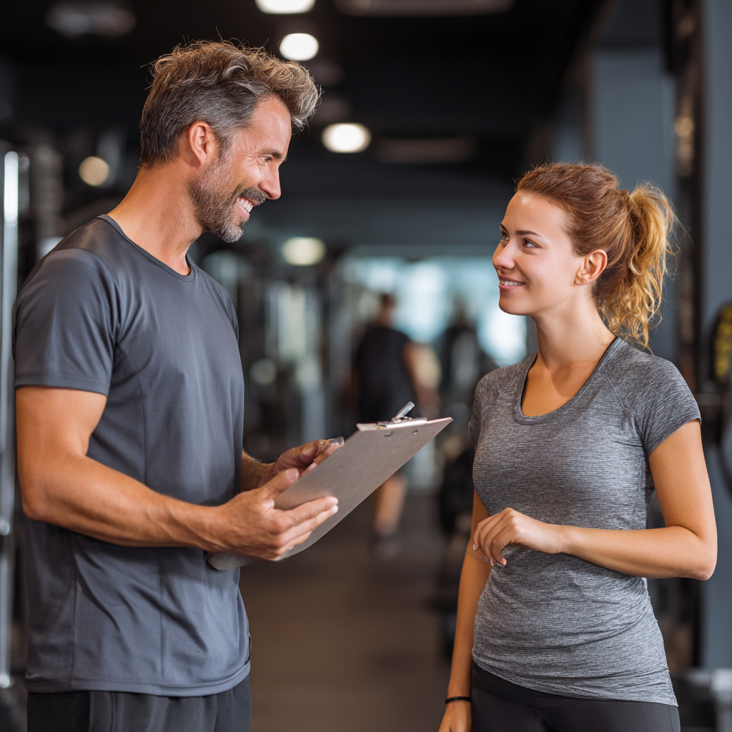 Fitness consultation with experienced trainer discussing health goals